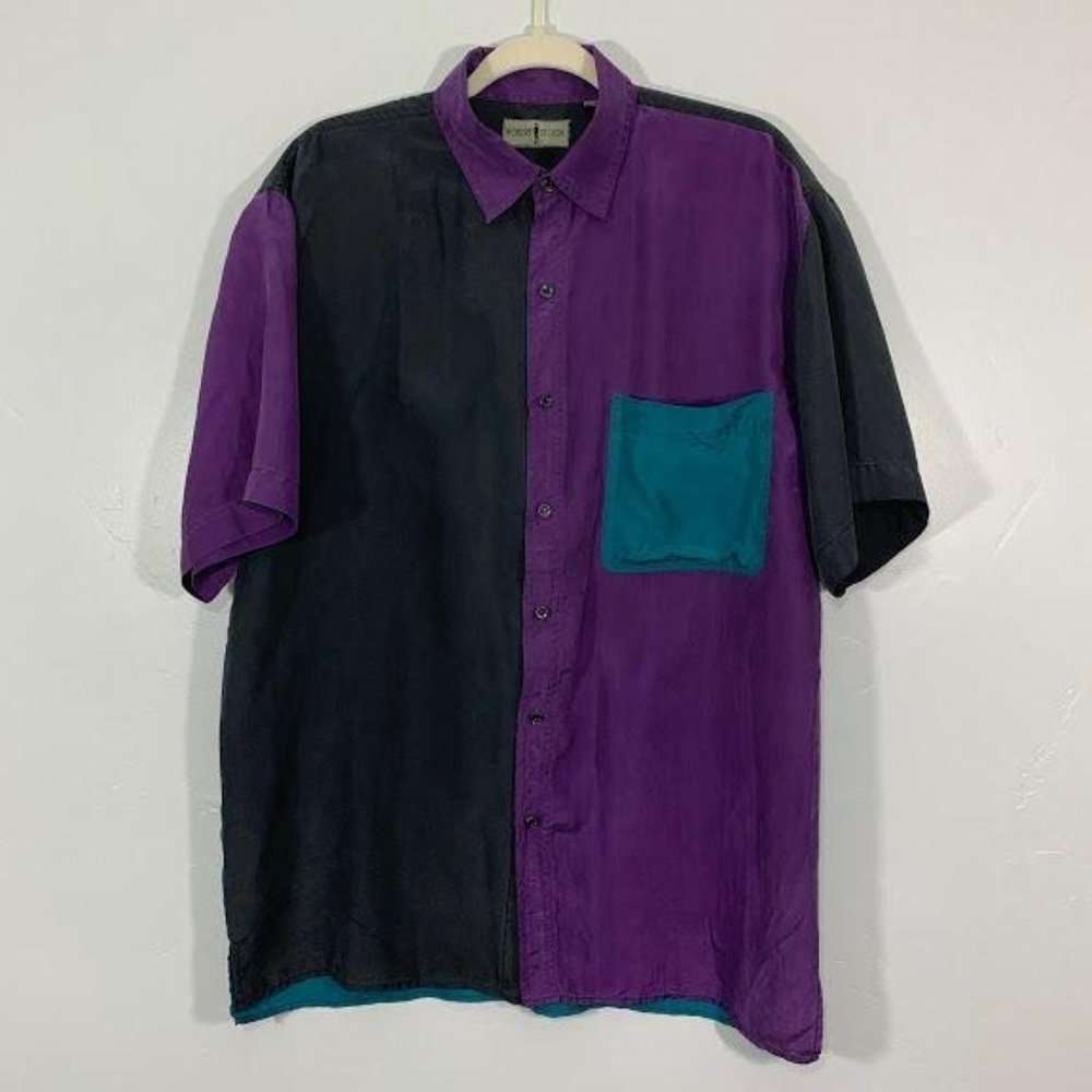 Vintage Robert Stock Silk 90’s Black Purple Shirt